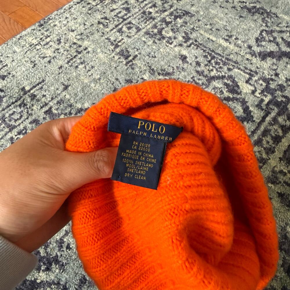 POLO Ralph Lauren Kid’s Wool Vibrant Orange Navy Blue Pony Graphic Pom Pom - Picture 5 of 7